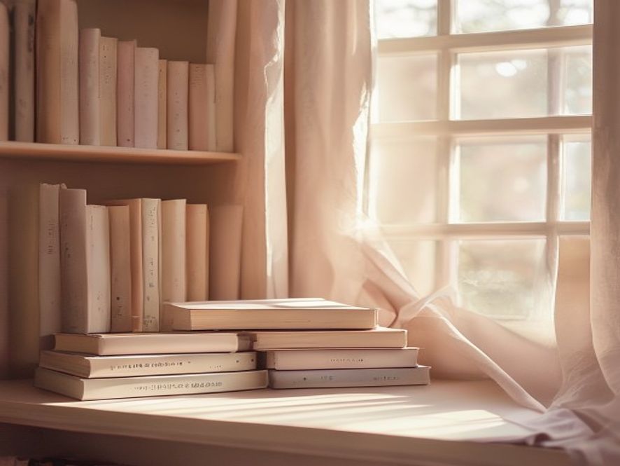 Minimalist workspace with books and natural light, no people